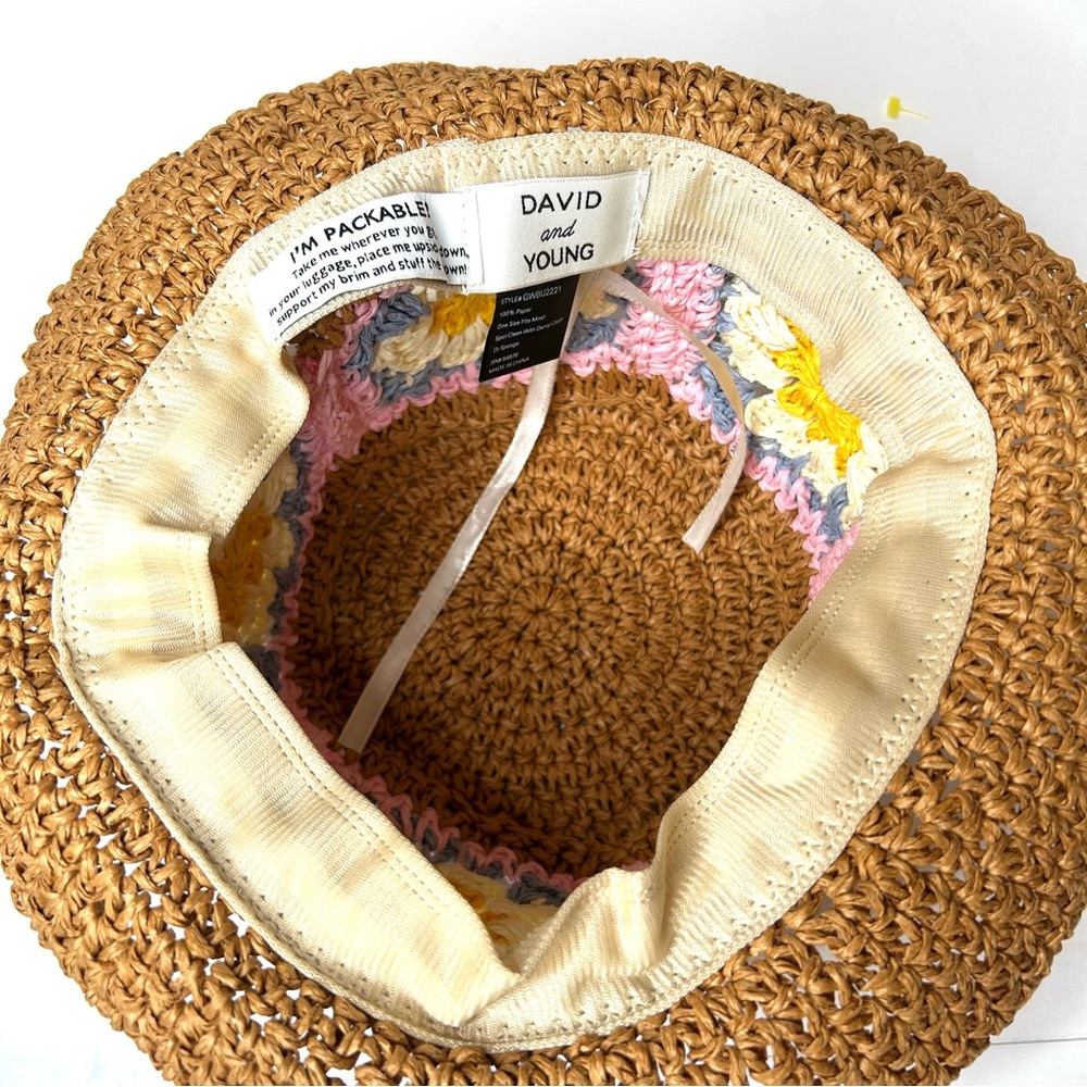 NWT DAVID and YOUNG Crochet Granny Square Straw Bucket Hat - Picture 5 of 14